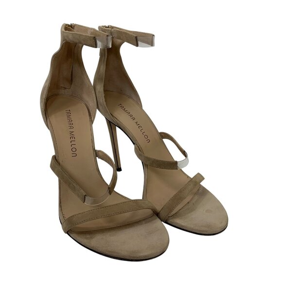 Tamara Mellon Reverse Frontline Champagne Suede Stilleto Heels Size 8 - Picture 1 of 8